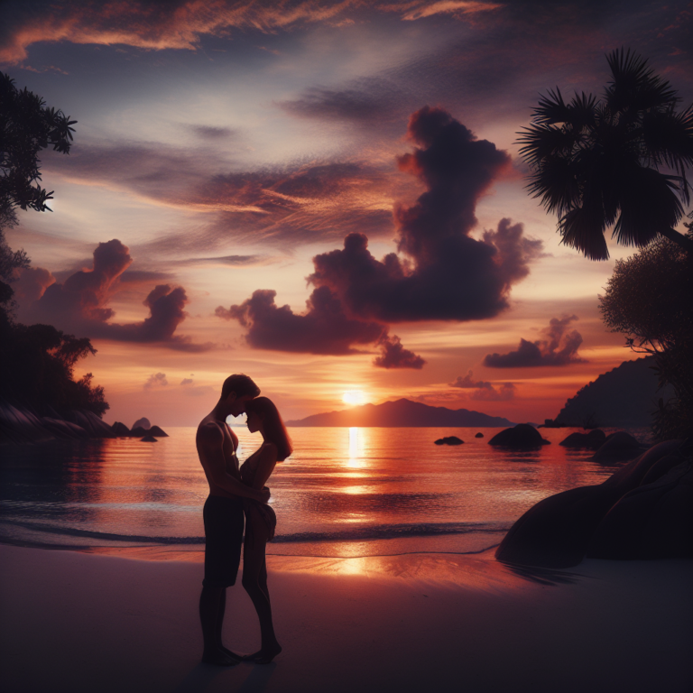 "An photography of a couple intimately embracing in a scenic sunset beside a tranquil, secluded beach."