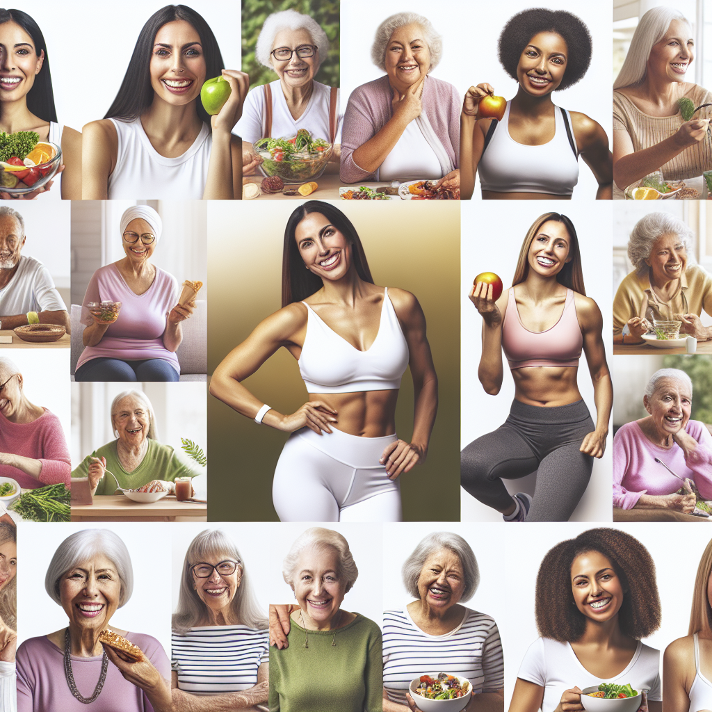 "An photography of a diverse group of women in their late 20s to early 50s, smiling and engaging in various healthy activities such as exercising, eating nutritious meals, and socializing, symbolizing the positive impact of a healthy lifestyle on longevity."