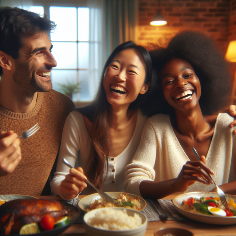 "An photography of a joyful polyamorous relationship of three people, sharing a meal together with smiles and laughter, in a warm, cozy home setting."