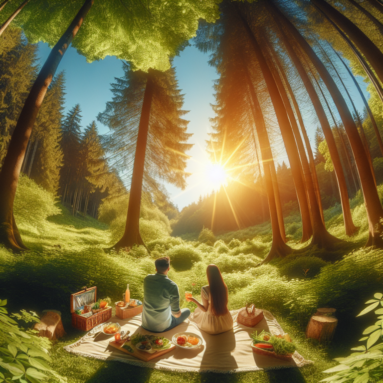 "An aerial photography of a couple having a romantic picnic in a picturesque forest clearing during summer."