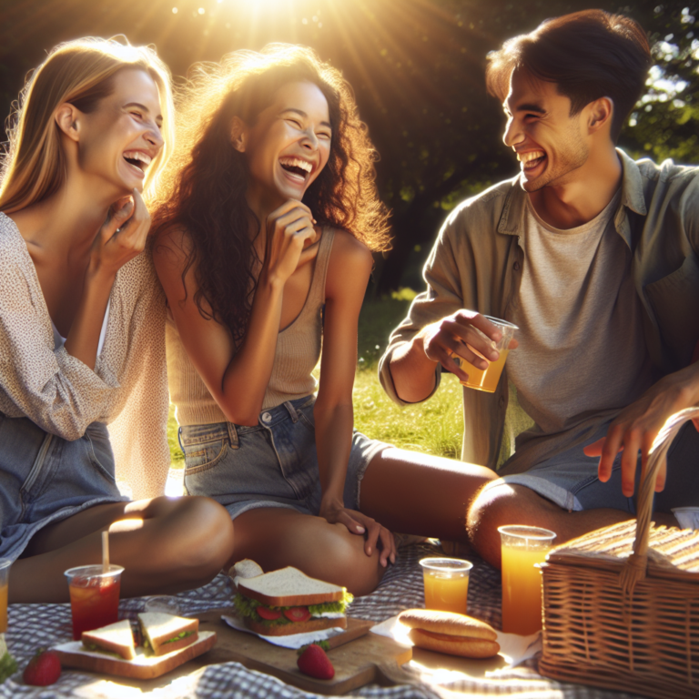 "An photography of a happy throuple having a picnic in a sunny park, showcasing their loving relationship and connection."