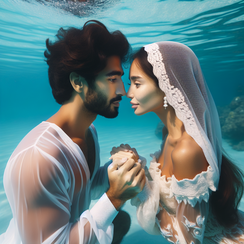 An underwater photograph of a couple sharing a romantic moment in a secluded, crystal-clear sea, with soft sunlight filtering through the water.