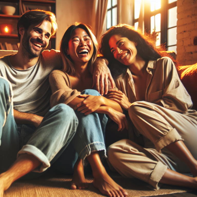 A photography of a happy polyamorous trouple of two women and one man enjoying a cozy moment together in a warmly lit living room.