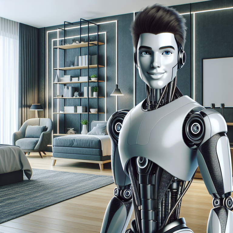 A photography of a tall, attractive, and muscular robot with cool dark hair and a charming smile, standing in a futuristic bedroom with sleek modern decor.