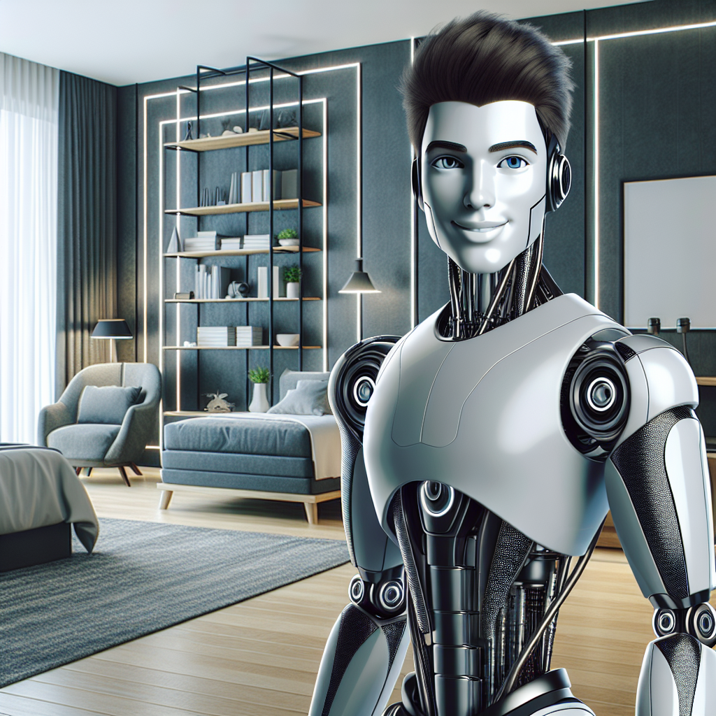 A photography of a tall, attractive, and muscular robot with cool dark hair and a charming smile, standing in a futuristic bedroom with sleek modern decor.