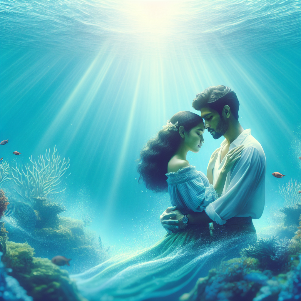 "An underwater photograph of a couple embracing passionately in a peaceful ocean setting, surrounded by gentle waves and illuminated by soft sunlight filtering through the water."