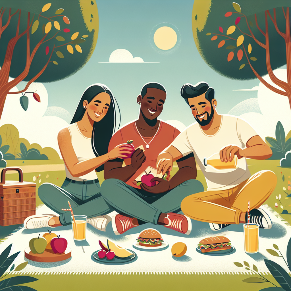 A photography of a happy polyamorous throuple enjoying a picnic together in a sunlit park.