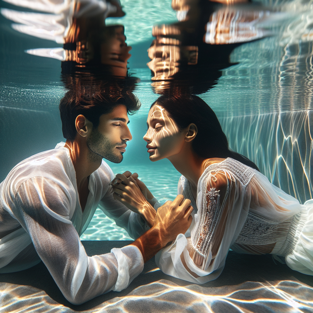 "an underwater photography of a couple enjoying a romantic moment in a serene, crystal-clear pool with gentle lighting enhancing the scene"