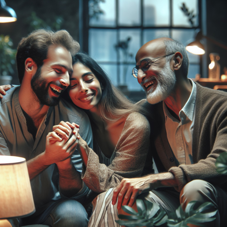 Sure! Here is a DALL-E prompt in English: "an artistic photography of a harmonious polyamorous relationship between three people, showing them sharing a moment of joy and connection together in a cozy living room setting"