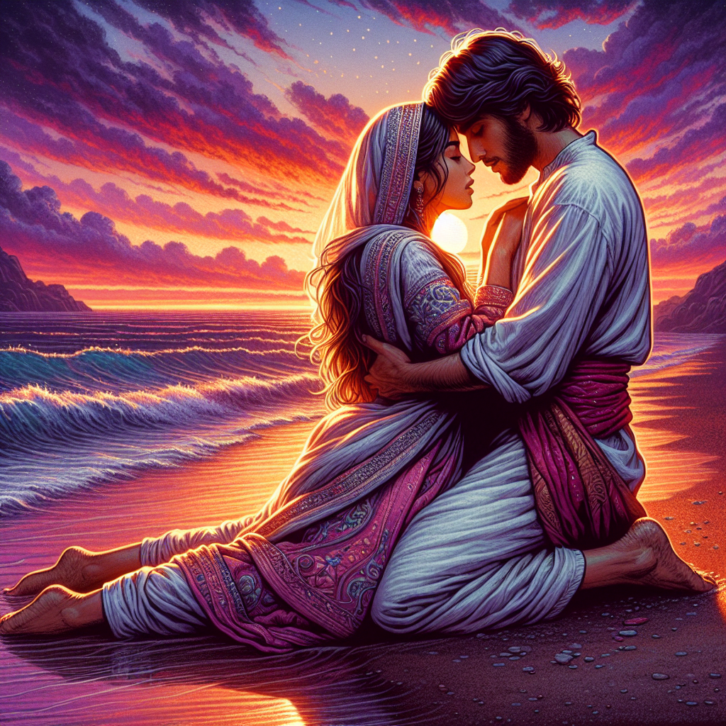 A photography of a couple romantically embracing in a scenic, secluded beach at sunset, capturing the essence of love and intimacy with the ocean waves gently crashing in the background.