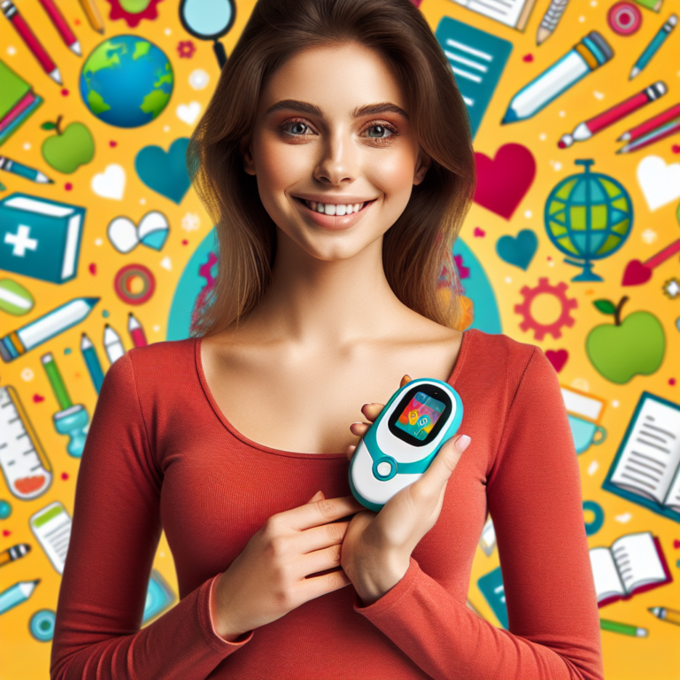 An photography of a woman holding a clitoral stimulator, smiling confidently against a colorful background with educational icons.