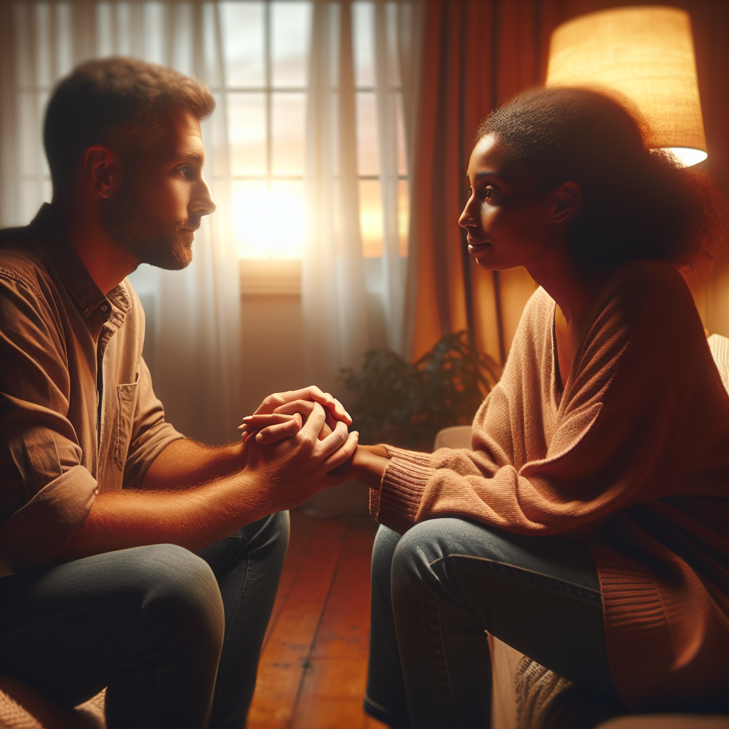 "An photography of a couple engaged in intimate, open conversation about their sexual experiences, emphasizing mutual understanding and connection."