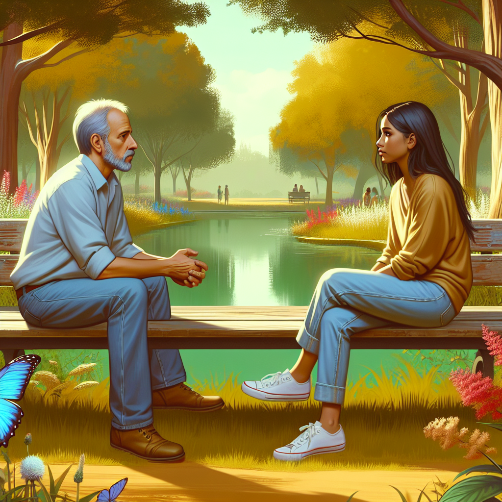 "An illustration of a couple having a calm and respectful breakup conversation in a park."