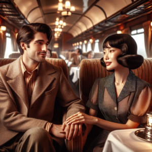 "An artful photography of a romantic encounter between two passengers on a train, with a dreamy and vintage aesthetic."