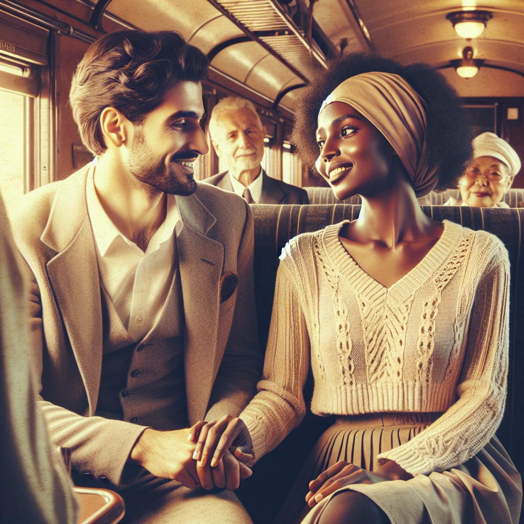 "an photograph of a romantic encounter between passengers on a train, capturing a moment of connection and flirtation."