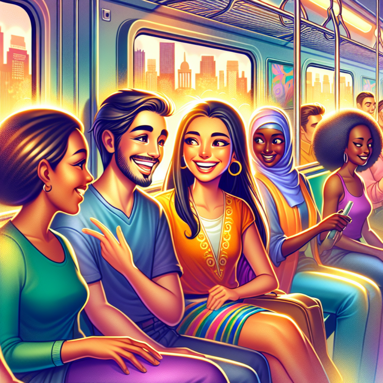 "an illustration of romantic encounters on a train during summer, depicting passengers engaging in conversations and sharing smiles."