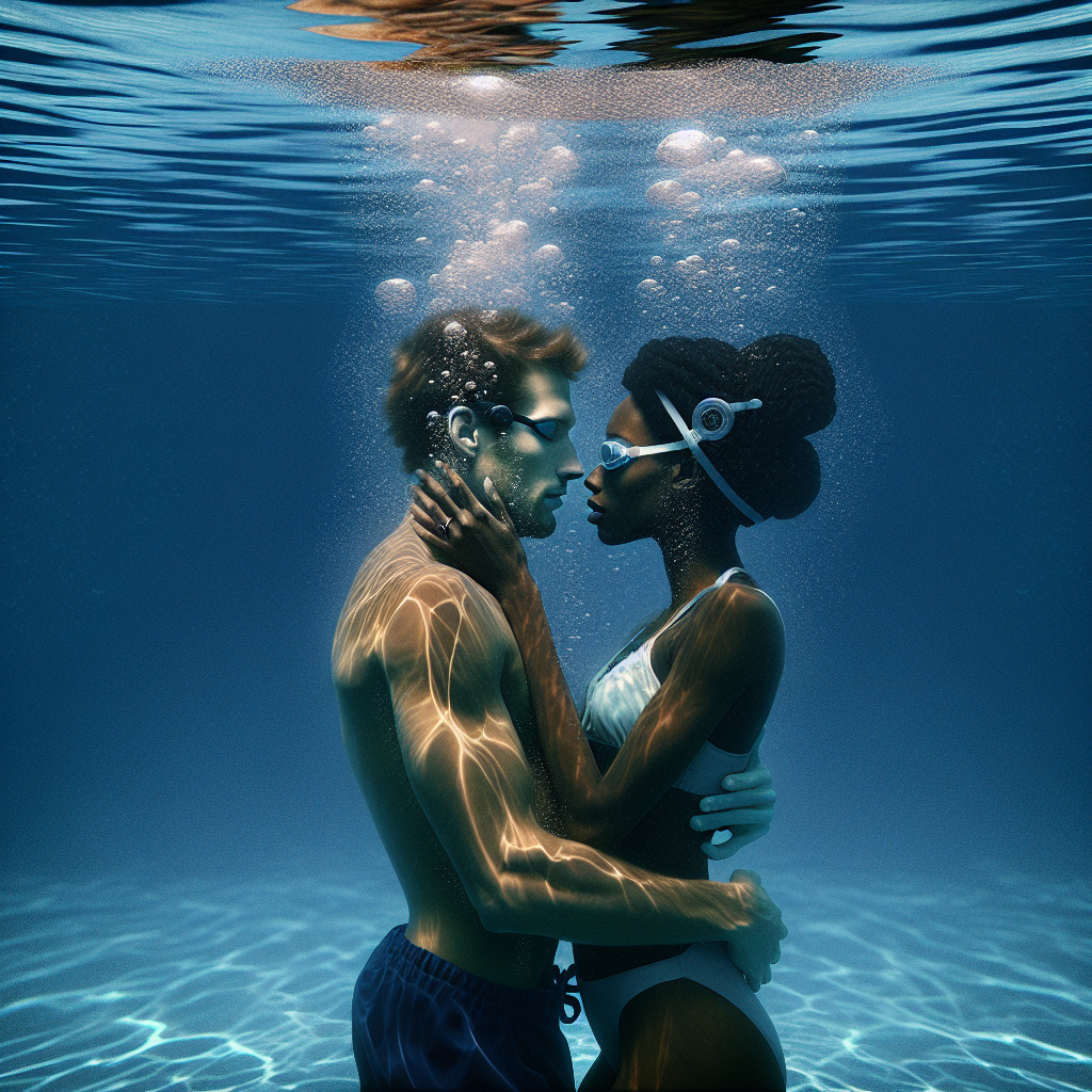 "An underwater photography of a couple having a romantic moment in a pool, emphasizing safety and discretion."