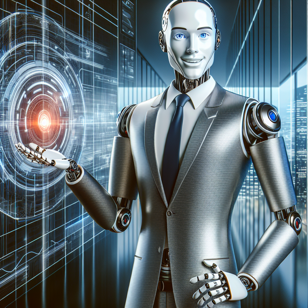 A photography of a futuristic and lifelike male robot with artificial intelligence, standing confidently with a charming smile, in a sleek and modern setting.