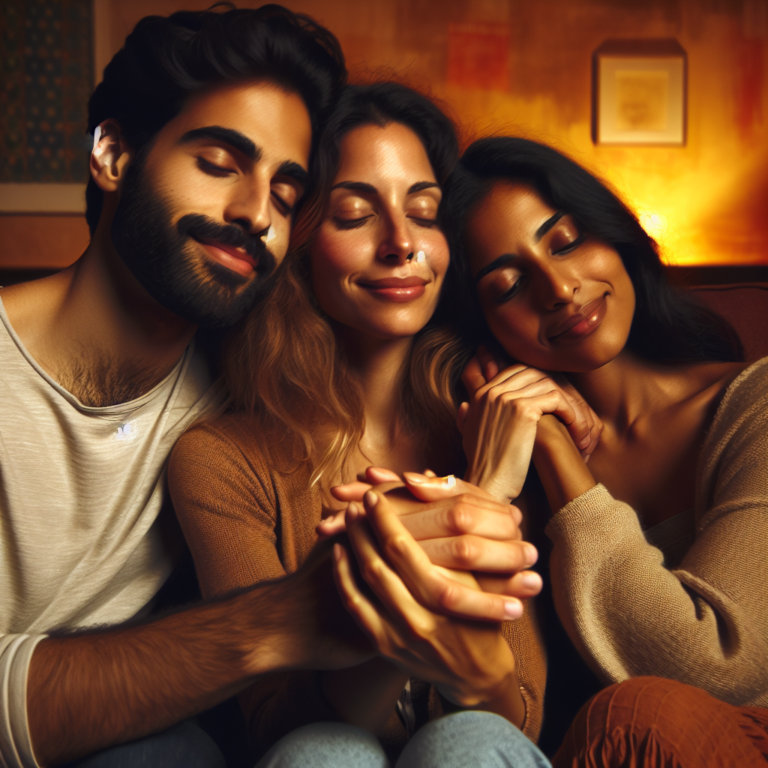 "An photography of a loving polyamorous triad enjoying a cozy moment together on a sofa, smiling and holding hands in a warmly lit living room."