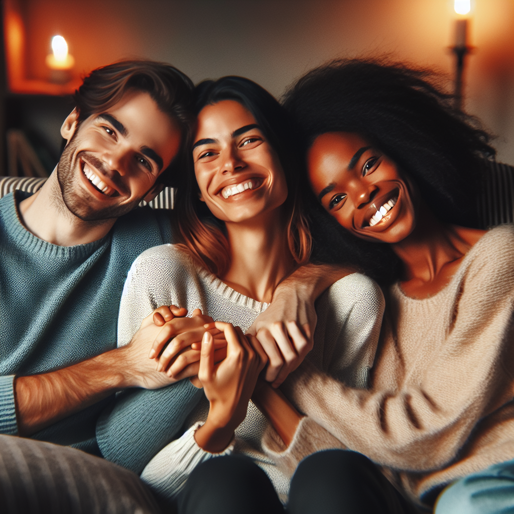 An photography of a happy polyamorous triad, two women and one man, sitting together on a cozy couch, smiling and holding hands in a warmly lit living room.