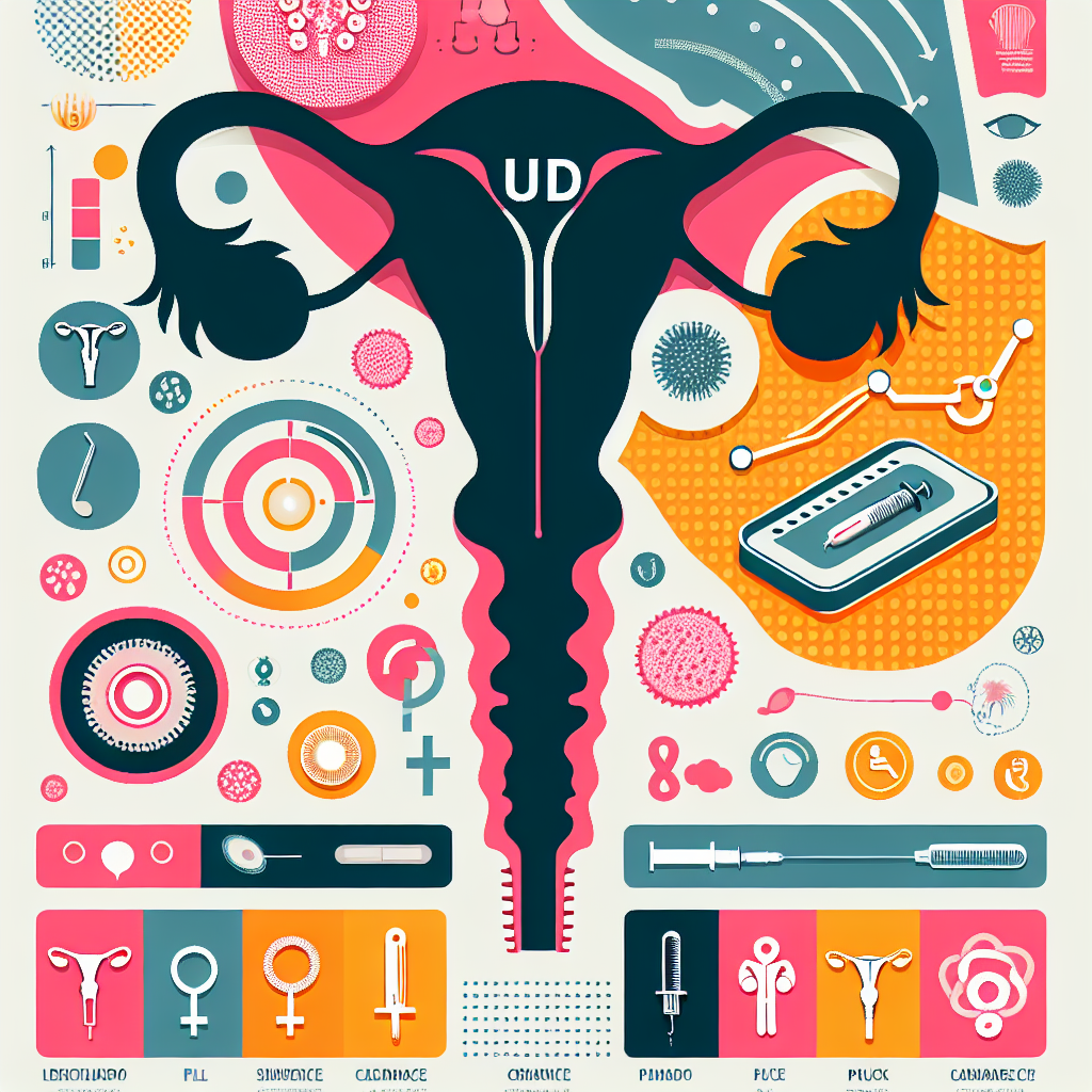 Une infographie colorée illustrant les différents types de dispositifs intra-utérins (DIU), avec une ombre inquiétante symbolisant le risque de cancer du sein. Inclure des éléments graphiques sur les femmes et la santé reproductive pour attirer l'attention.