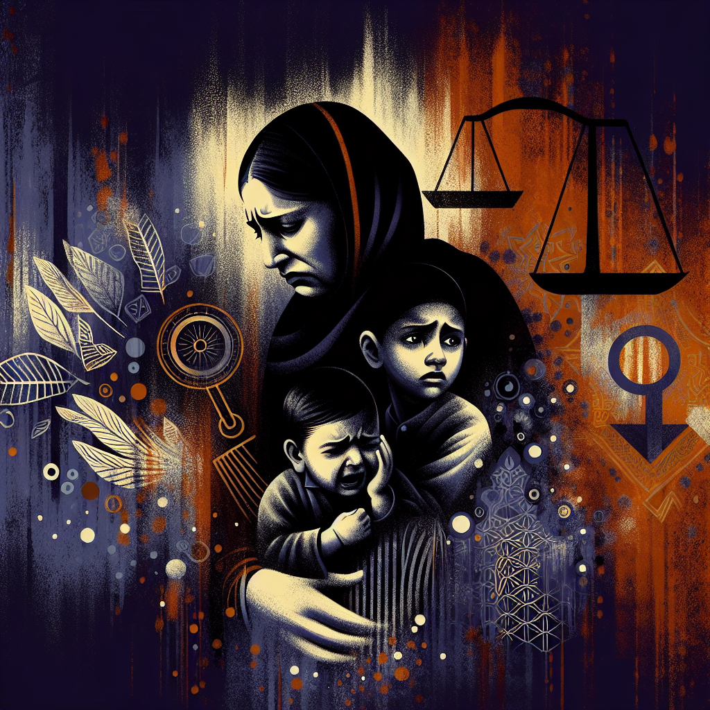 Une illustration représentative montrant une mère avec ses enfants, exprimant le désespoir et la lutte pour la garde, avec des éléments symbolisant la justice et les droits des femmes remplis de couleurs sombres et émouvantes.