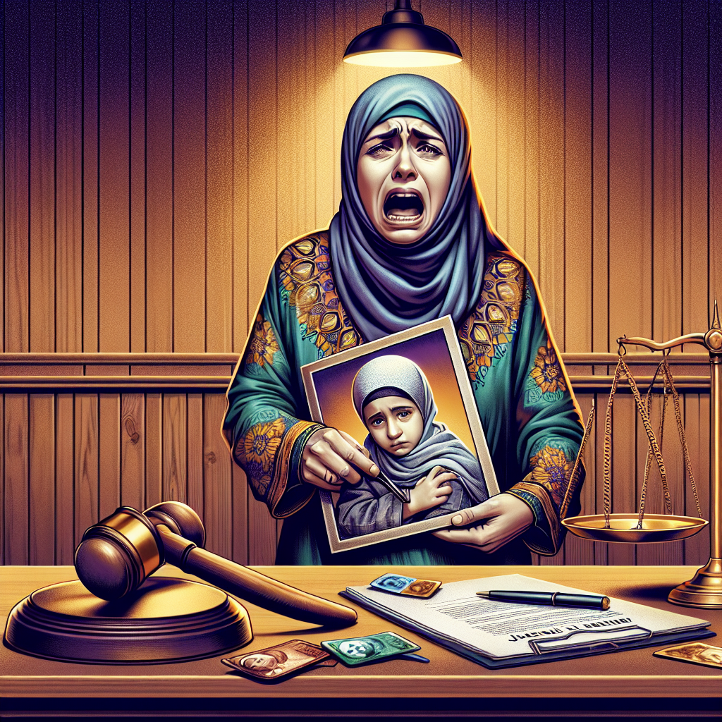 Une illustration d'une mère en détresse tenant la photo de son enfant tout en se battant dans un tribunal, symbolisant la lutte contre les abus et le faux syndrome d'aliénation parentale.