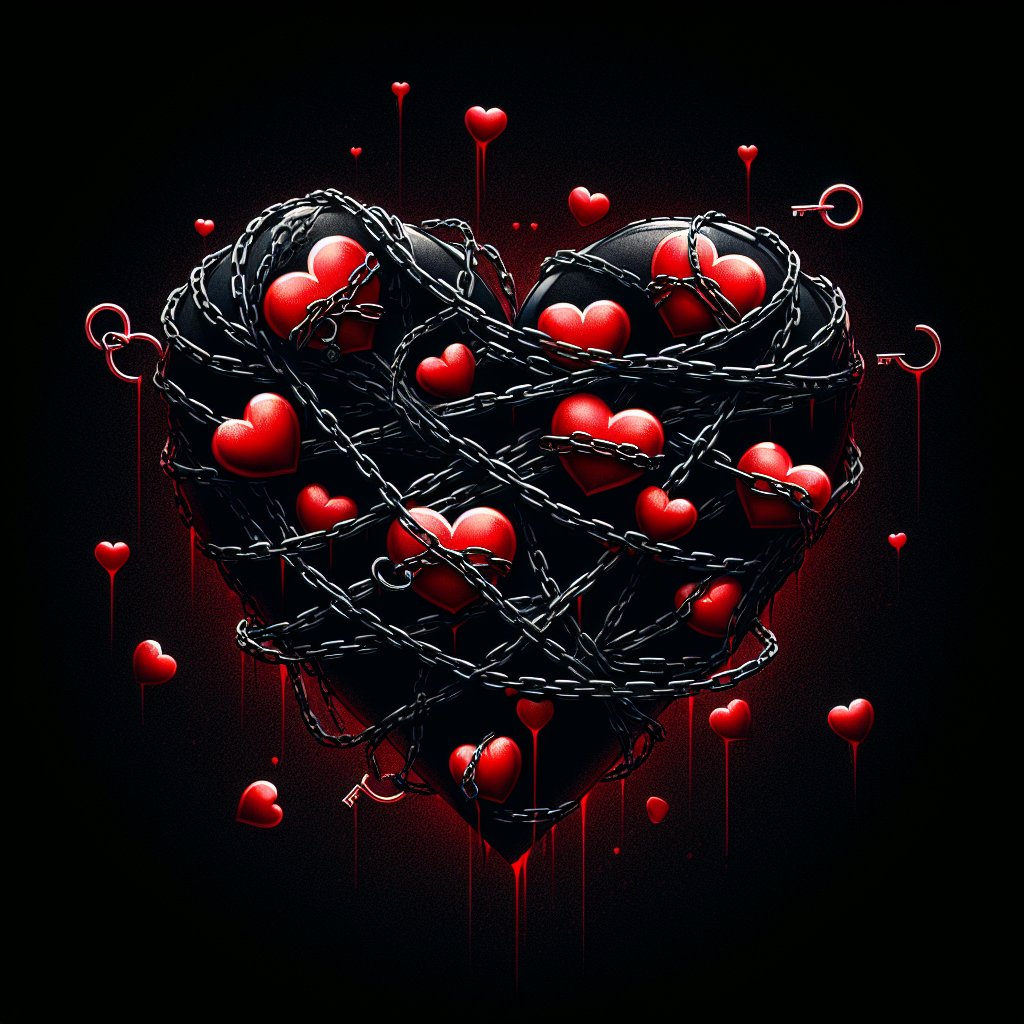 Un visuel symbolisant les relations amoureuses toxiques, avec des cœurs rouge et des chaînes, illustrant le concept de love bombing et de manipulation affective. Une image sombre mais captivante, symbolisant la dualité de l'amour et de la toxicité.