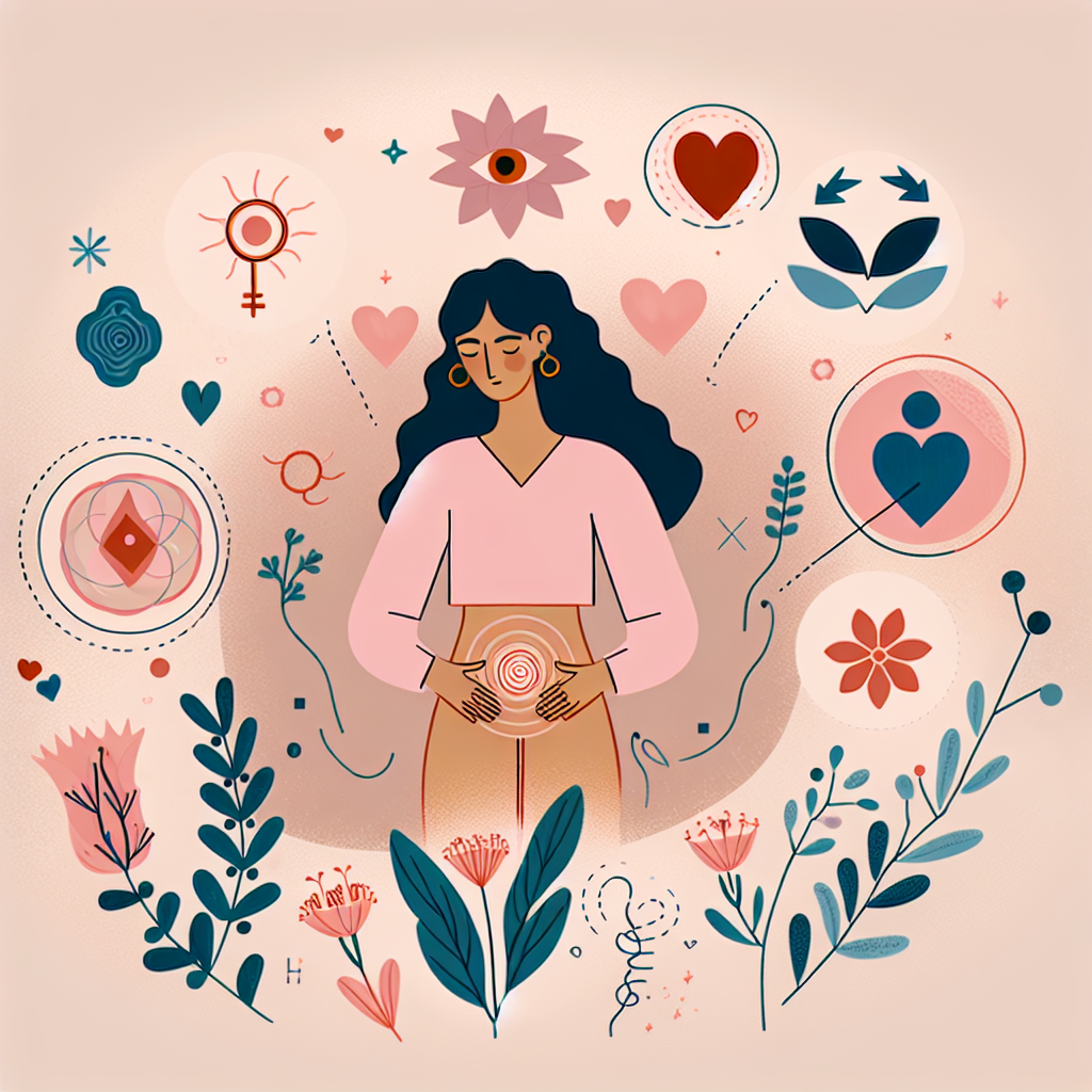 Illustration d'une femme en train de découvrir et de comprendre son corps, entourée d'éléments symbolisant la sexualité féminine, comme des fleurs, des coeurs et des éléments abstraits représentant le plaisir