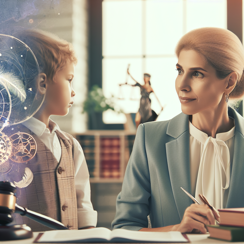 Illustration d'une mère divorcée, luttant contre des accusations injustes, regardant son enfant avec amour et détermination, dans un contexte judiciaire, avec des éléments symboliques comme des livres de droit ou des documents juridiques autour d'elle.