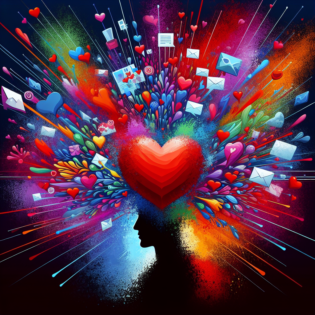 A conceptual illustration depicting emotional manipulation in romantic relationships, featuring vibrant colors, a heart symbol being bombarded with messages, and a silhouette of a person overwhelmed but aware, to symbolize the concept of love bombing.