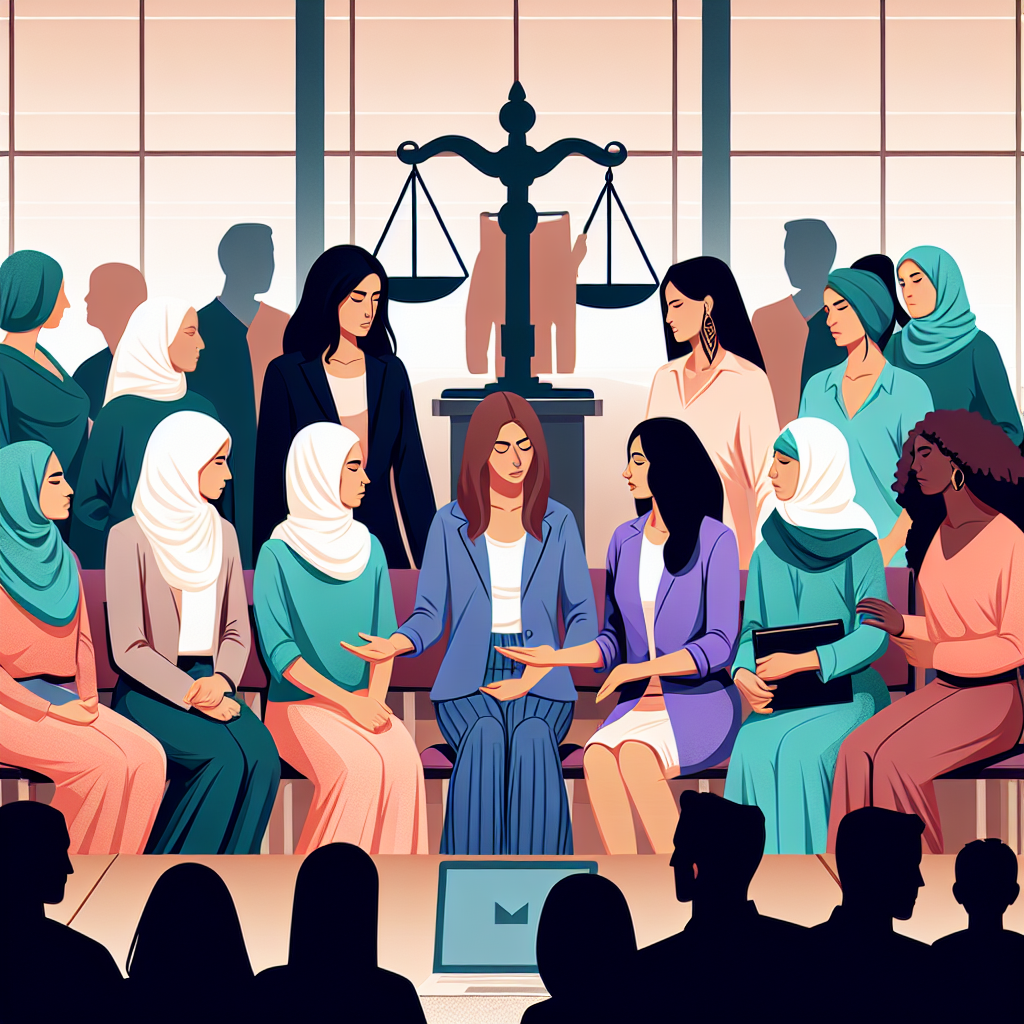 Illustration représentant un groupe de mères divorcées discutant ensemble dans un cadre juridique, avec une atmosphère de solidarité. En arrière-plan, des symboles de justice comme une balance. L'image doit illustrer le thème de la lutte contre les abus dans le système juridique.