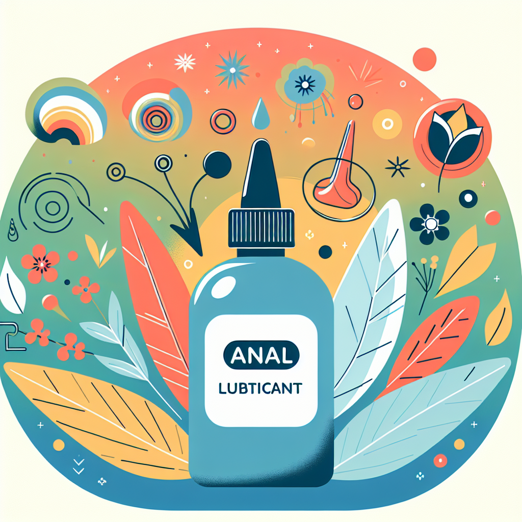 Une illustration d'un flacon de lubrifiant anal, avec des éléments suggérant la sécurité et le confort dans l'intimité, sur fond coloré et apaisant.