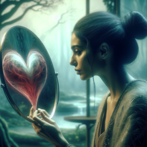 A thoughtful person looking at a heart-shaped reflection in a mirror, representing introspection and reflecting on past relationships, in a serene and peaceful setting.