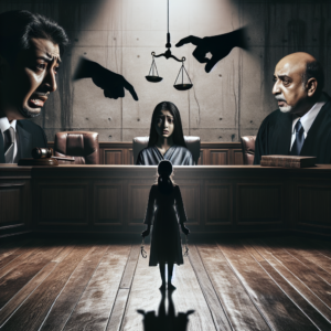 A distressed mother in a courtroom setting, facing a judge, with shadows representing accusations and a child being pulled in different directions, symbolizing conflict and emotional distress within a family context.