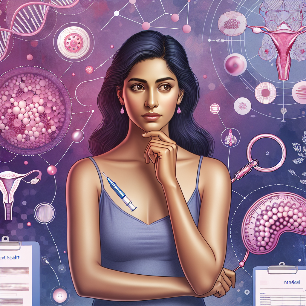 A conceptual illustration showing a woman in a thoughtful pose, holding an IUD, with a background symbolizing breast health and research, scientific theme.