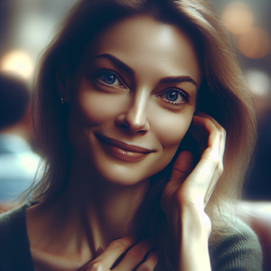 A romantic, softly lit scene featuring a woman looking lovingly at someone off-camera, with an ambient background like a cafe or park. Her eyes are expressive, and there's a subtle, genuine smile on her face. She might have a gentle hand gesture, like touching her hair or chin, indicating affection and attentiveness.