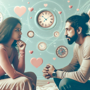 A couple sitting together, looking thoughtful and engaged in a conversation, with a background symbolizing both time and emotions like clocks and hearts, light pastel color palette.