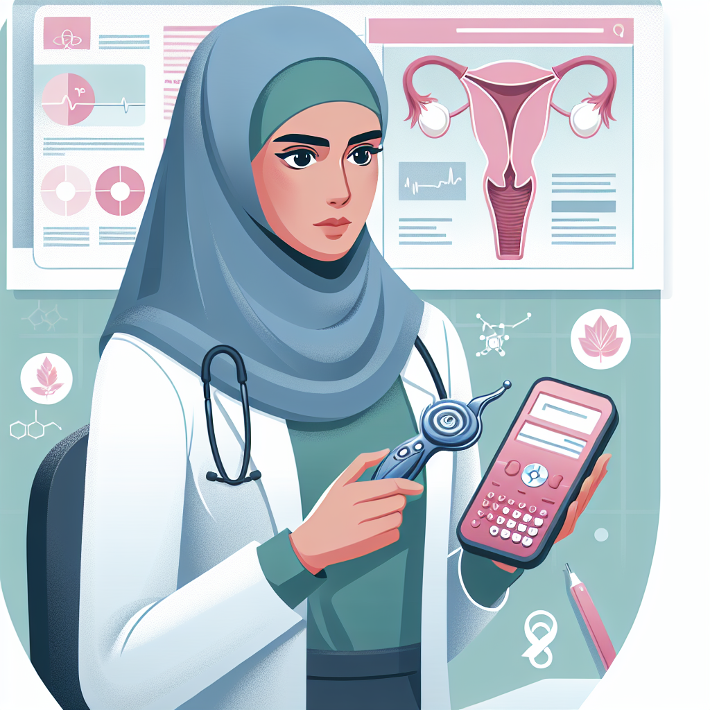 Illustration d'une femme consultante en santé reproductive, tenant un stérilet hormonal tout en regardant des graphiques sur le cancer du sein. L'image devrait illustrer une ambiance informative et sérieuse, avec des éléments graphiques représentant la santé féminine.
