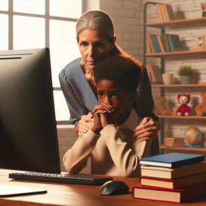 A worried parent shielding a child from a computer screen showing explicit content, symbolizing protection from pornography. The room's atmosphere is cozy, with educational books on a nearby shelf and a calm, reassuring ambiance.