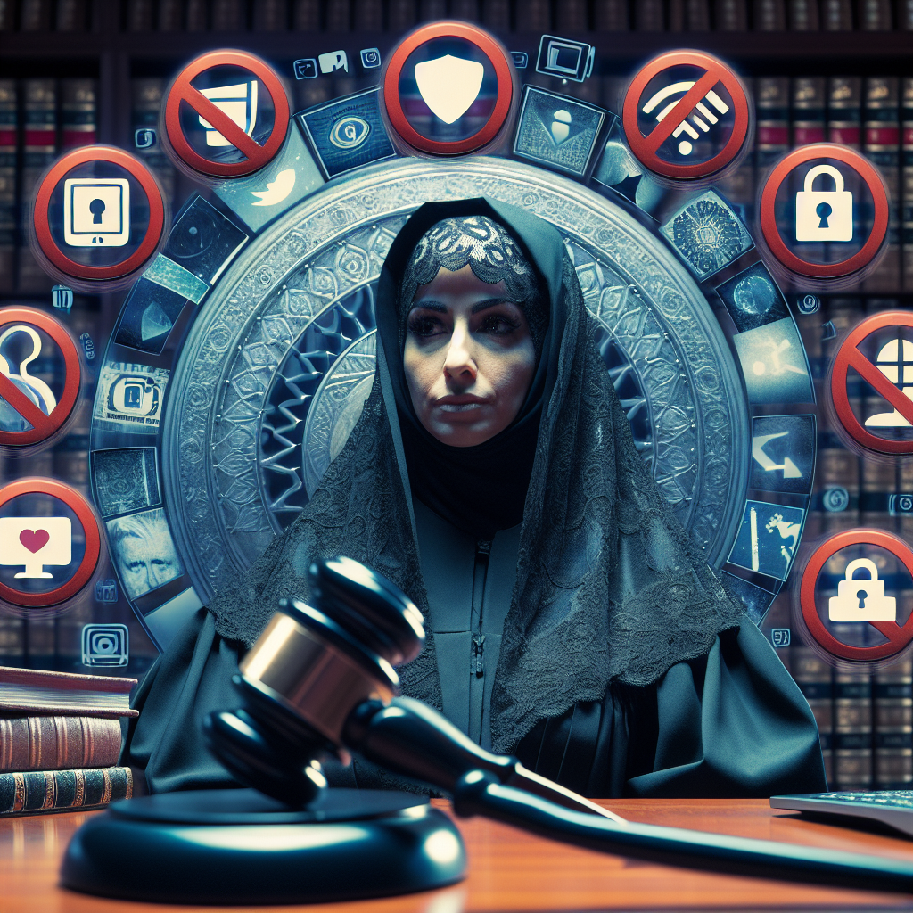 A solemn courtroom scene depicting a judge with a gavel, surrounded by imagery of internet websites with blocked symbols, visually representing the protection of minors from online pornography, emphasizing justice and safeguarding children.