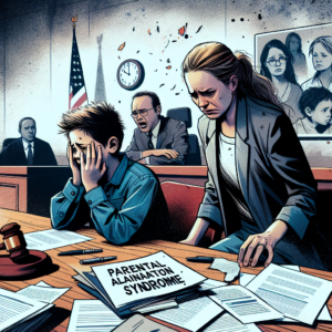 A courtroom scene showing a distressed mother and child, with legal documents referencing 'Parental Alienation Syndrome' scattered on a table. The atmosphere is tense and emotional, capturing a moment of injustice.