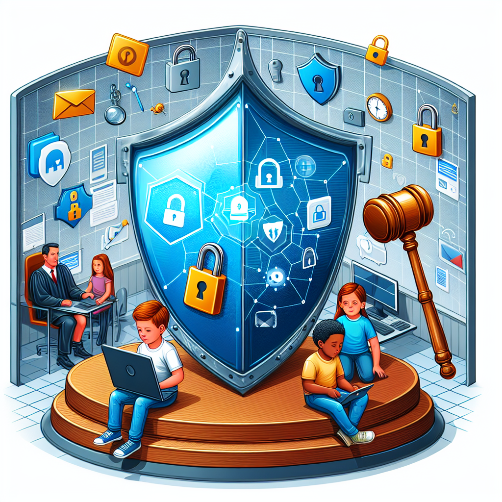 A symbolic illustration showing a protective shield blocking harmful online content from reaching children, featuring elements like a gavel, lock symbols, and a digital screen.