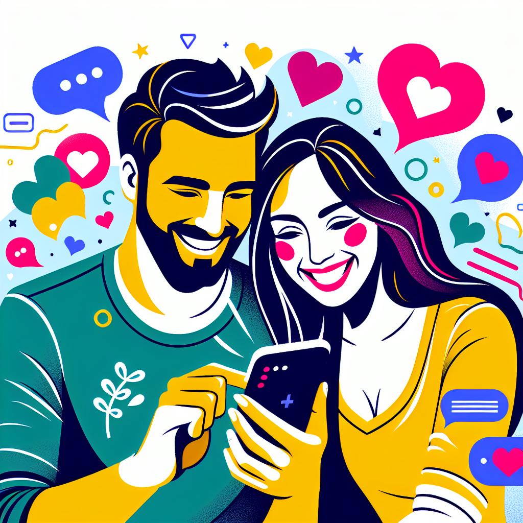 Illustration représentant un couple heureux utilisant une application sur un smartphone, avec des éléments graphiques évoquant la communication, l'amour et le bonheur, dans un style moderne et coloré.