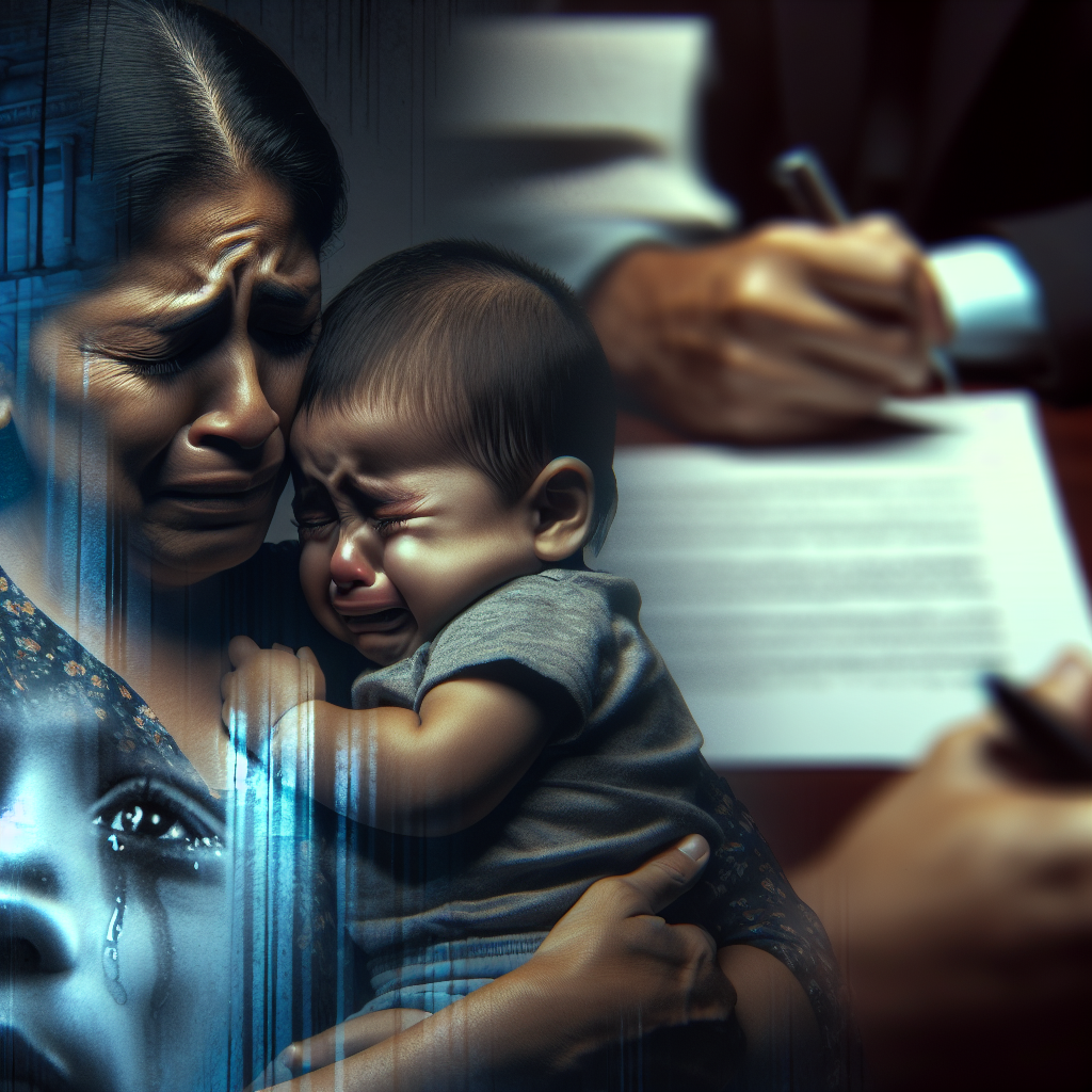 Une mère en train de pleurer en tenant son enfant, avec un fond flou représentant un tribunal et des documents juridiques. L'image doit évoquer l'émotion et la lutte pour la vérité dans le cadre d'une bataille judiciaire.