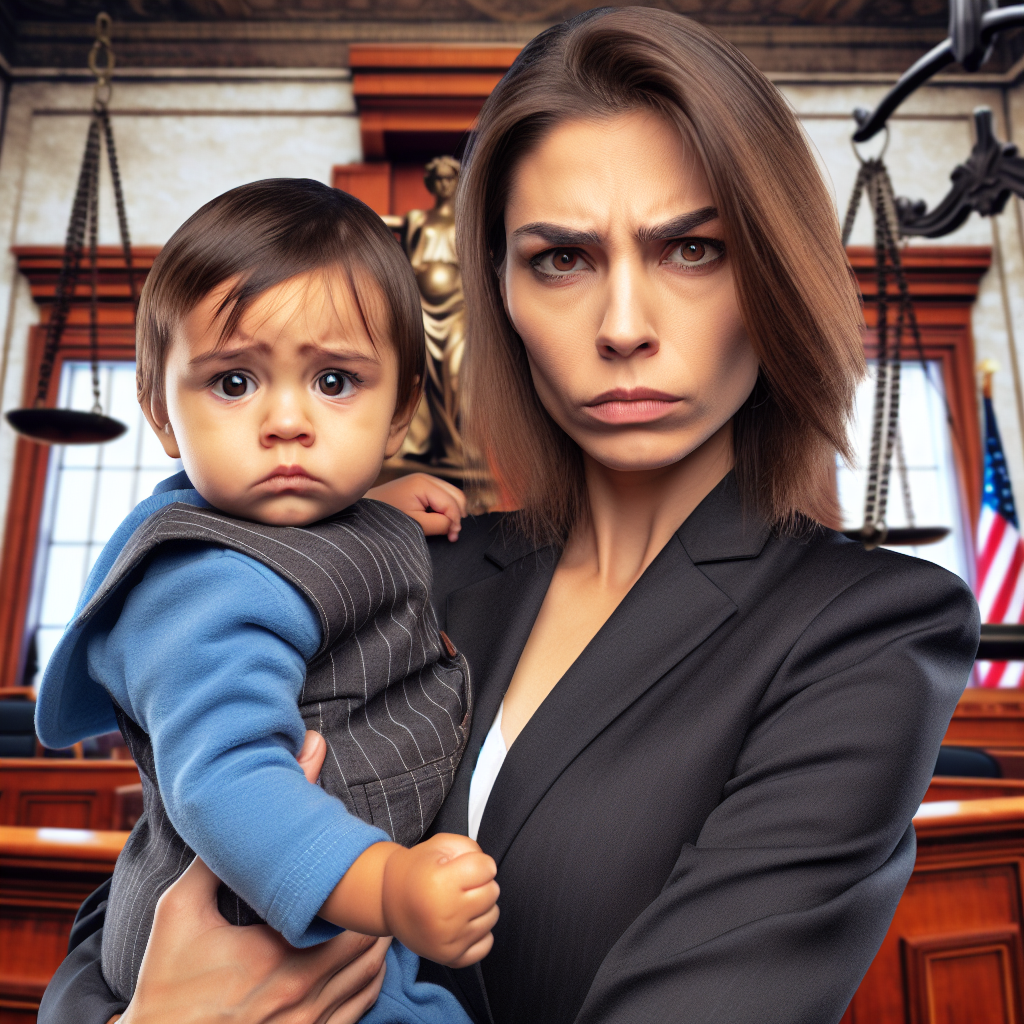 Une mère tenant son enfant dans ses bras, avec un look déterminé et protecteur, symbolisant la lutte contre les injustices judiciaires et le syndrome d'aliénation parentale. L'arrière-plan montre une salle d'audience pour souligner le contexte judiciaire.