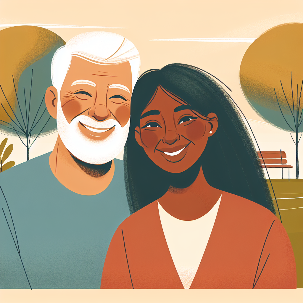 Illustration d'un couple heureux avec une grande différence d'âge, souriant ensemble dans un parc, symbolisant l'amour et la compréhension mutuelle, avec des nuances de couleurs chaudes et un arrière-plan apaisant.