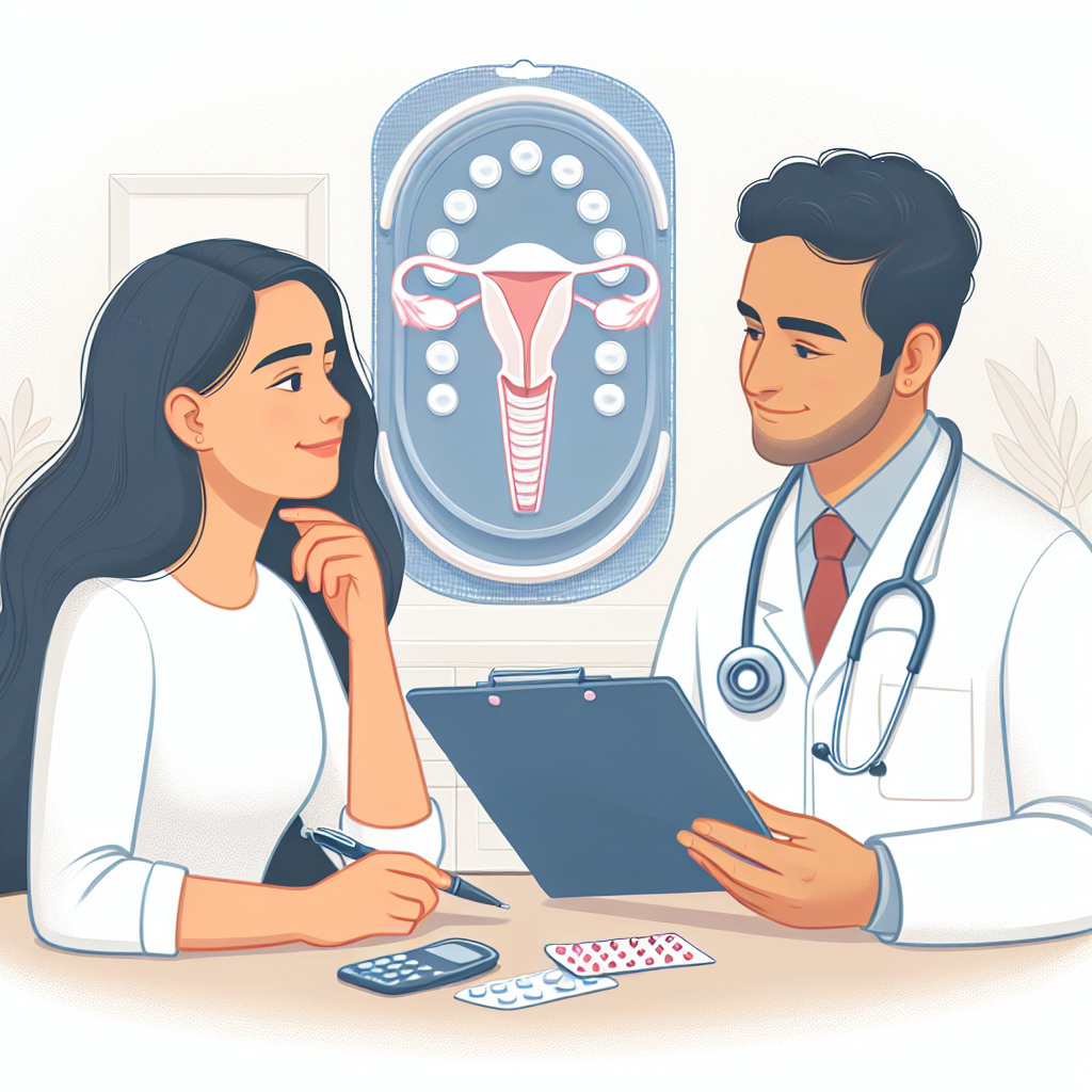 Illustration d'une femme en consultation avec un médecin pour discuter des méthodes contraceptives, avec un stérilet hormonal en arrière-plan, pour mettre en évidence les enjeux de santé liés à la contraception.