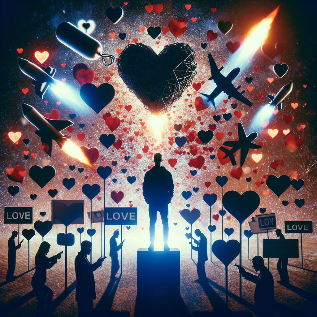 Illustration sur le thème du love bombing en amour, montrant une personne entourée de cœurs et de messages amoureux, contrastant avec un fond sombre qui symbolise la manipulation et le danger, dans un style moderne et accrocheur.