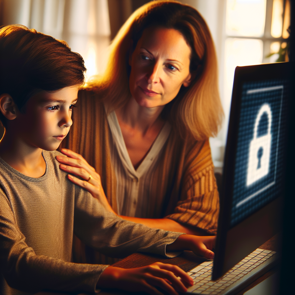 A concerned parent looking at a child using a computer, implying protection from online content. The room is softly lit, with a digital block symbol subtly illustrated on the screen.
